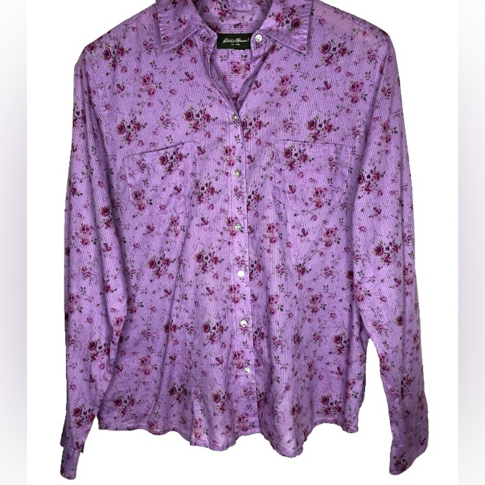 Vintage Eddie Bauer Women’s Shirt Large Purple Print Boho Cottagecore